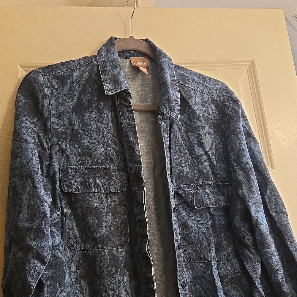 Chico's Dark Blue Paisley Shirt Long Sleeve large So Cute💝✨🥰😍 women's